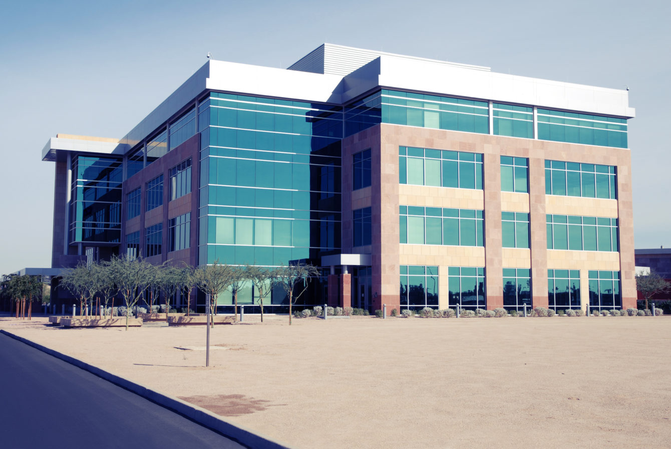 Modern Commercial Building: instant photo style, Shadows are blue, High Contrast.